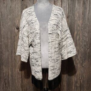 Reserved M Women's Cardigan Kimono White Black Textured Open Half Sleeve Fringe
